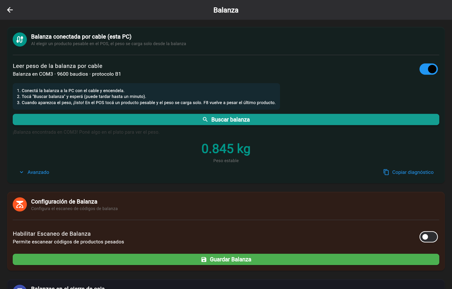 Peso estable: la balanza quedó configurada en esta PC