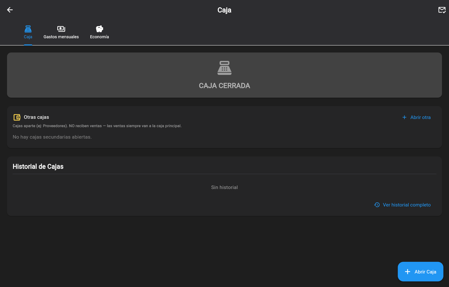 Caja cerrada, con el historial de cajas anteriores