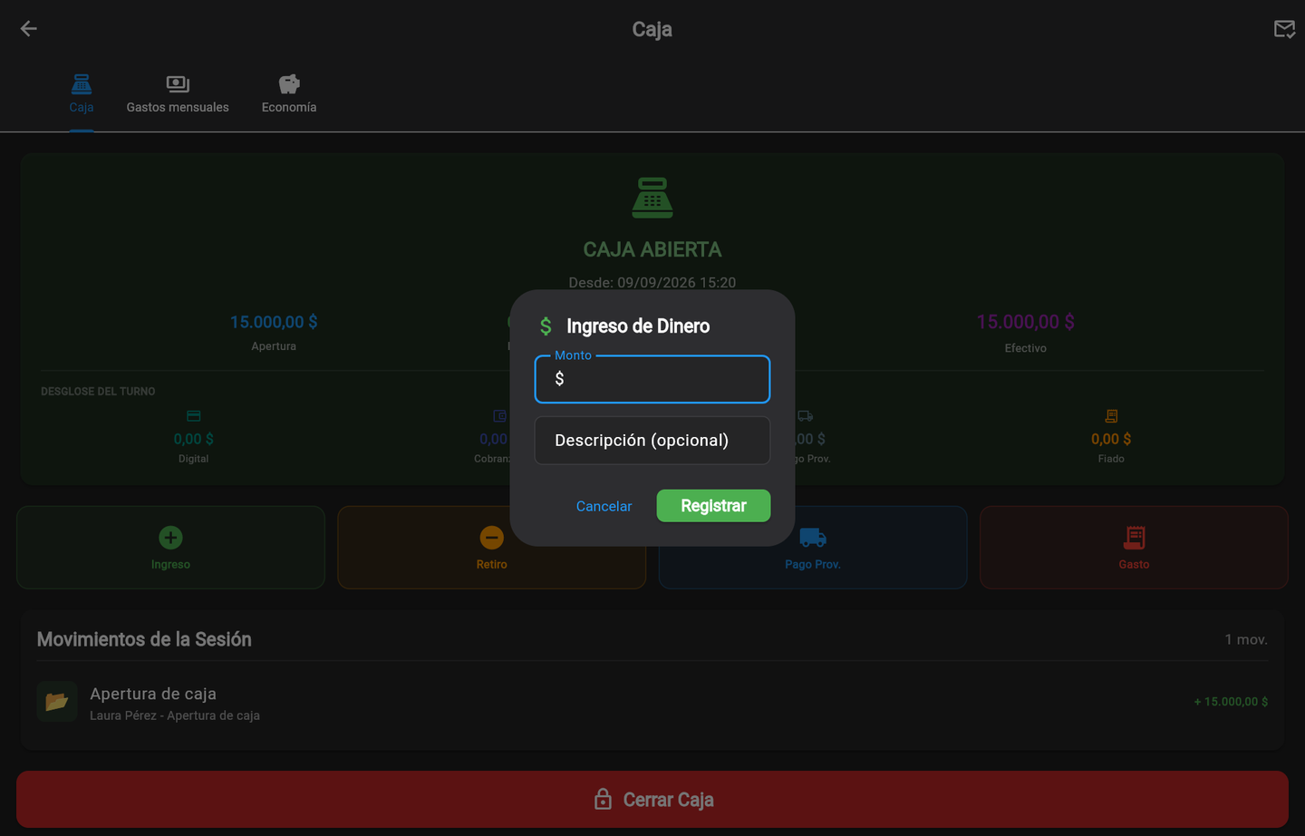 Registrar un ingreso: monto y descripción