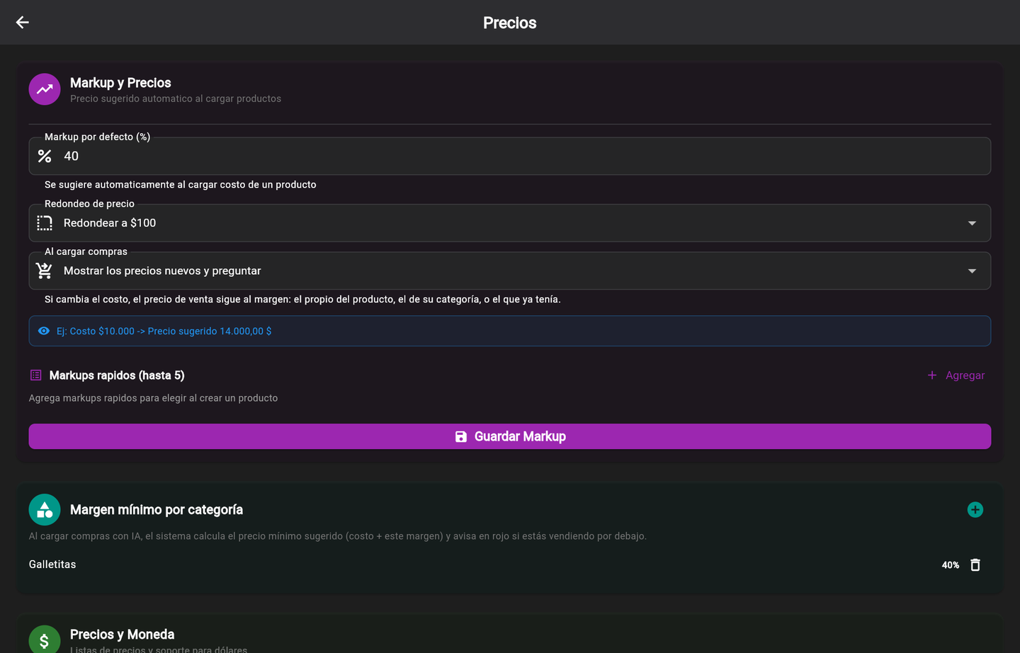 Precios: el desplegable "Al cargar compras", junto con el markup por defecto y el redondeo