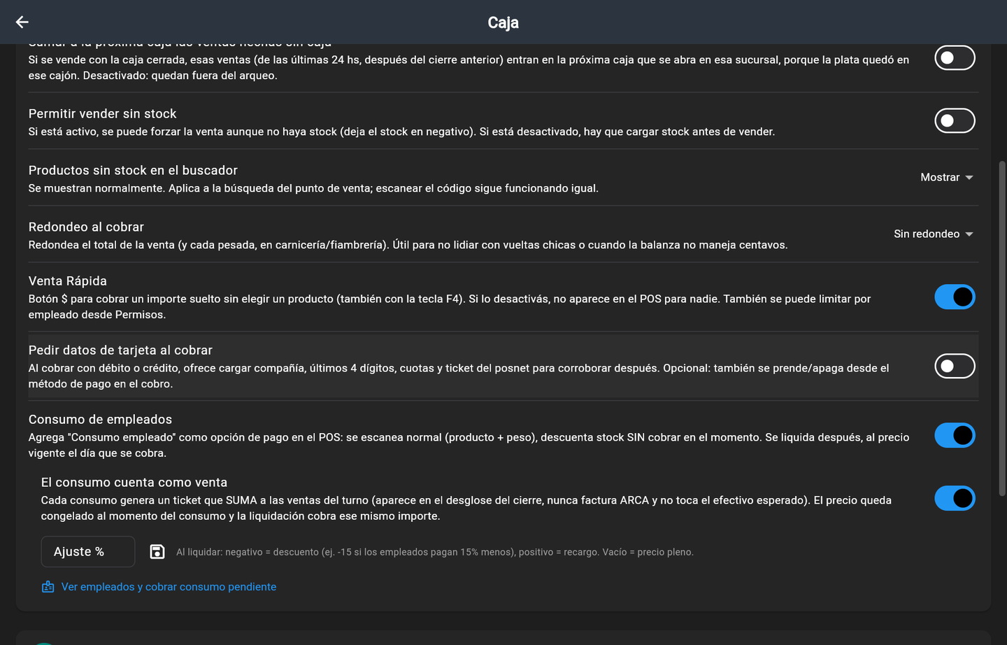Consumo de empleados en la configuración de Caja, con sus dos opciones