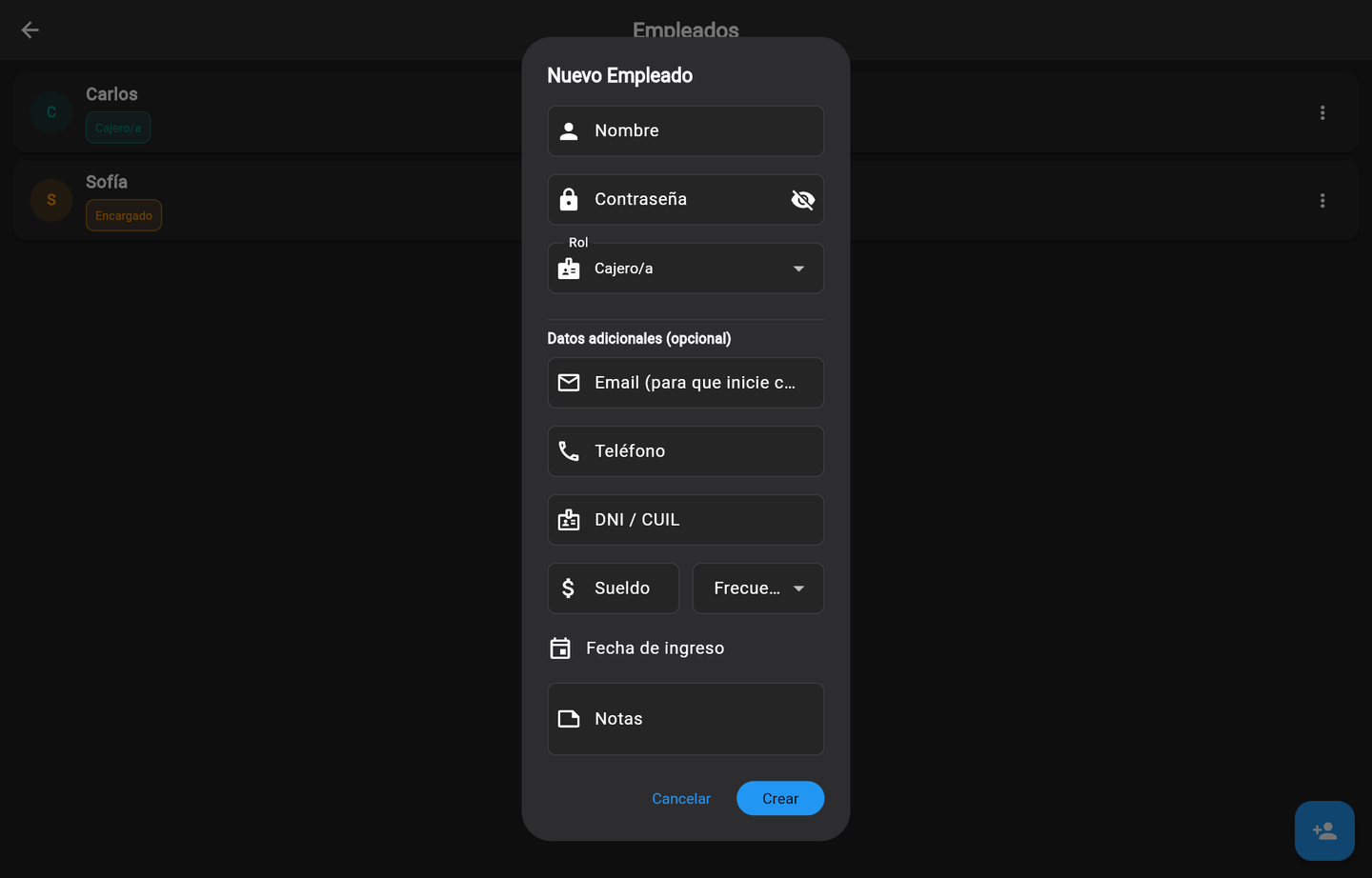 Nuevo empleado: nombre, contraseña, rol y datos opcionales