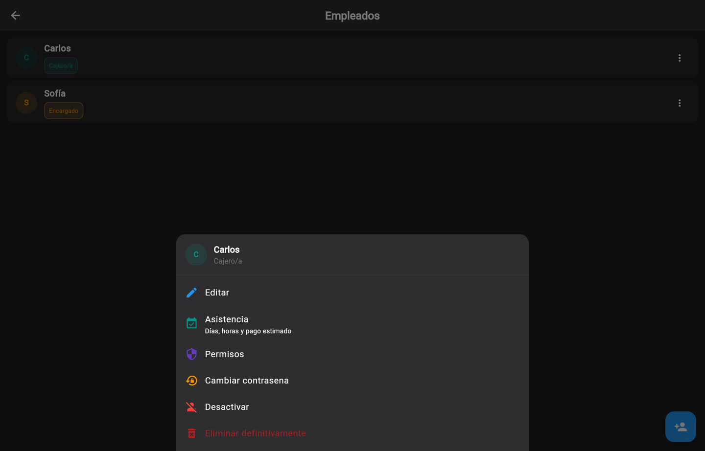 Menú del empleado: editar, asistencia, permisos, contraseña, desactivar