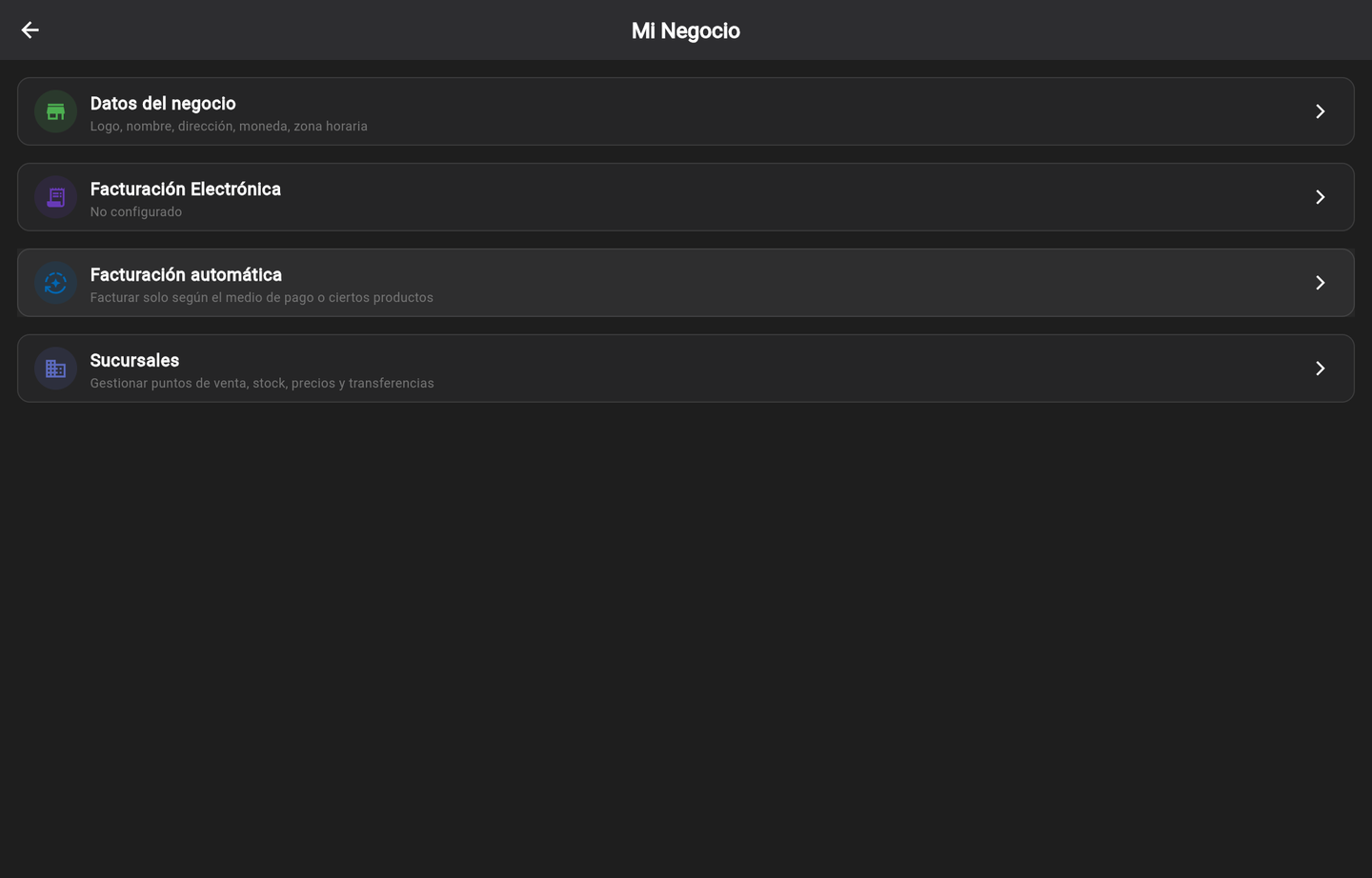Mi Negocio: Facturación Electrónica, Facturación automática, Sucursales