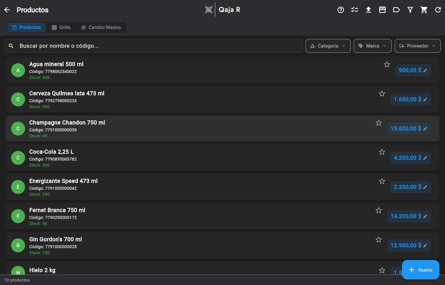 Productos: tocá un producto para ver Editar, o + Nuevo para crear uno