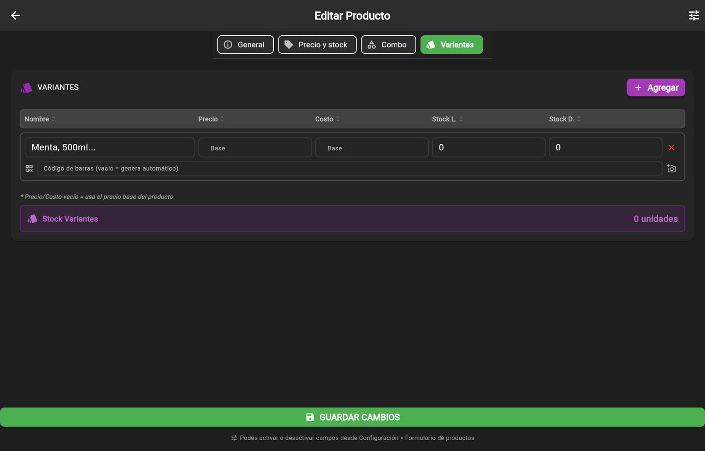 Solapa Variantes: cada variante con su nombre, precio, costo, stock y código
