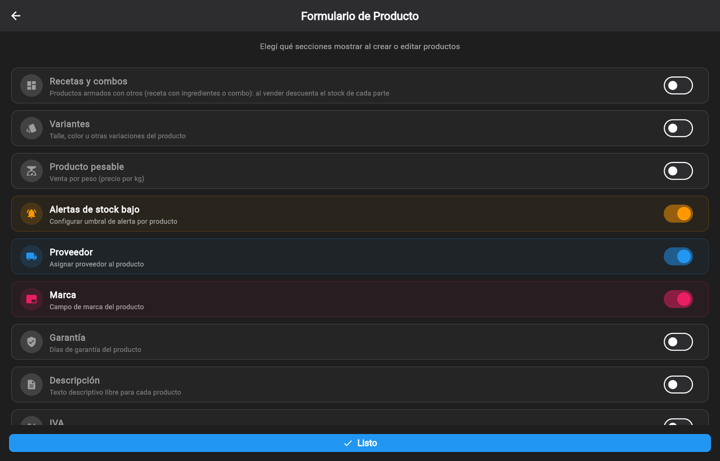 Formulario de Producto: elegí qué secciones mostrar al crear o editar productos