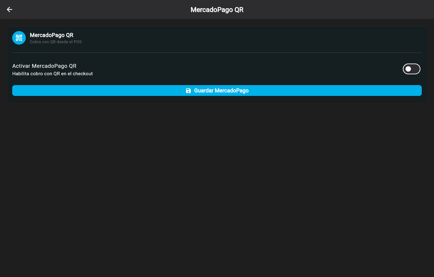 Al entrar: solo el interruptor Activar MercadoPago QR