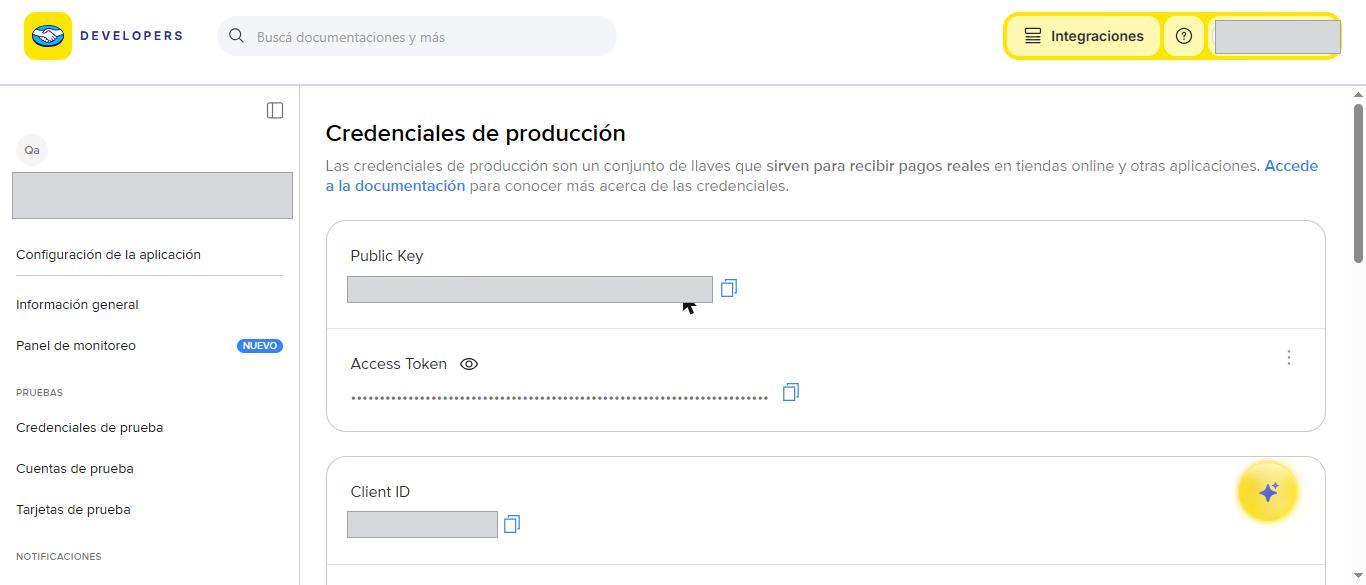 Credenciales de producción. El Access Token viene tapado: el ojito lo muestra y el ícono de al lado lo copia