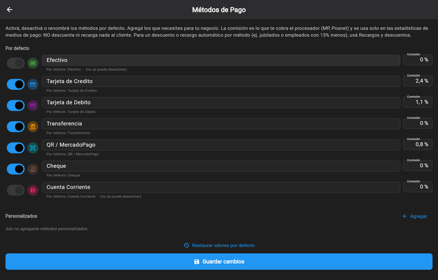 Métodos de pago: activar, renombrar, comisión y métodos personalizados