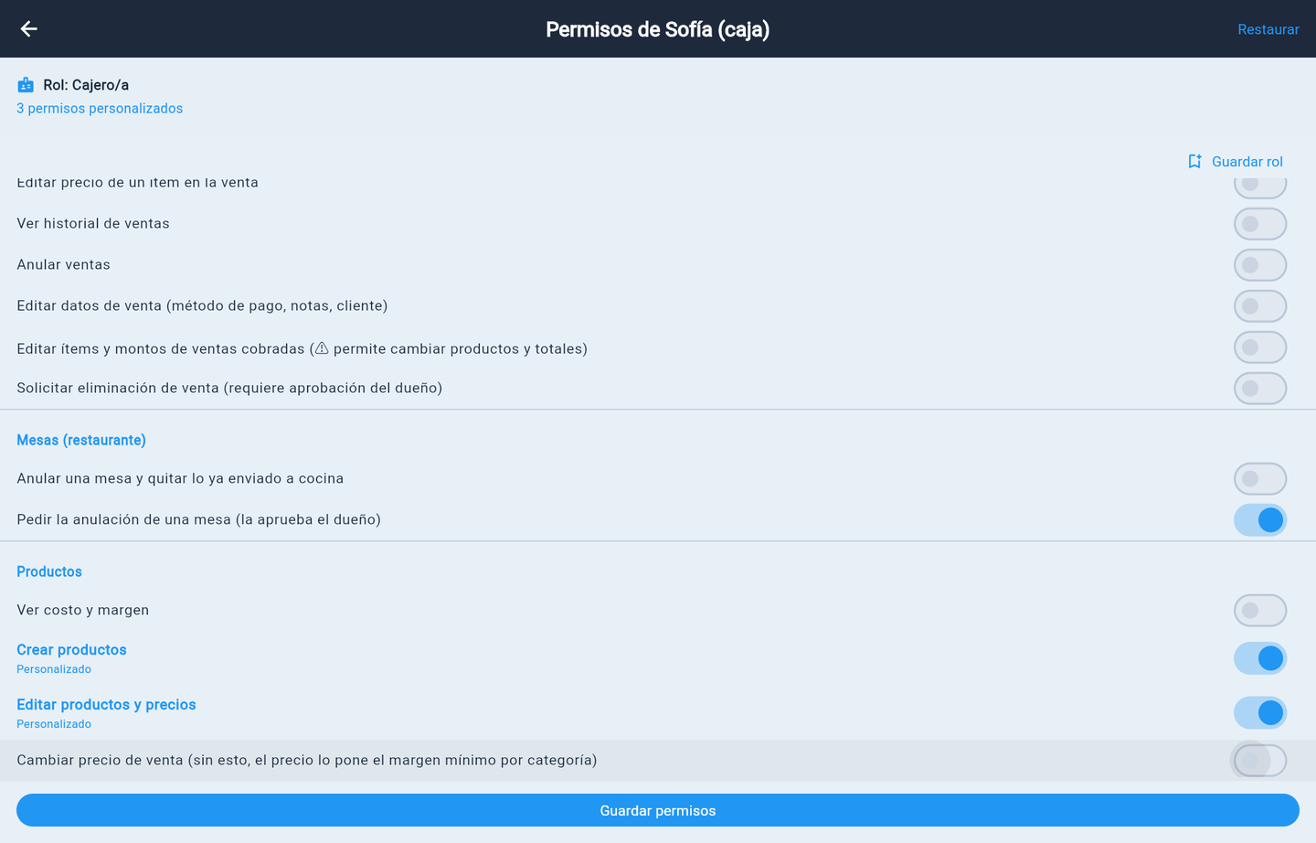 Permisos del empleado: "Editar productos y precios" prendido y "Cambiar precio de venta" apagado