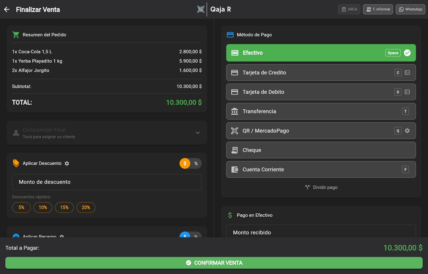 Finalizar venta: resumen, cliente, descuento, métodos de pago