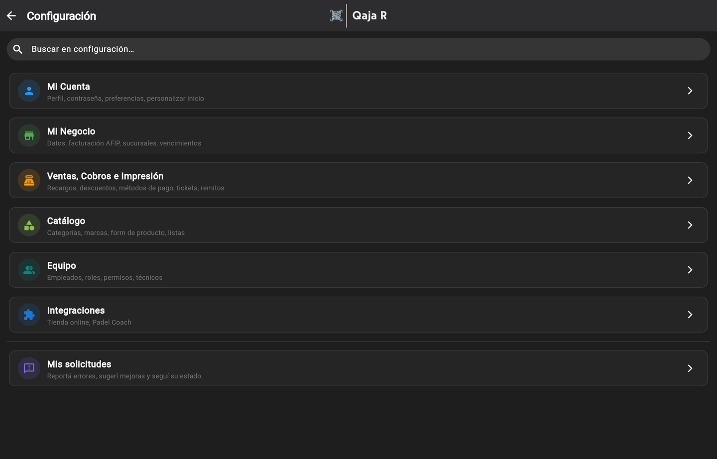 Configuración: Mi Cuenta, Mi Negocio, Ventas y Cobros, Catálogo, Equipo, Integraciones