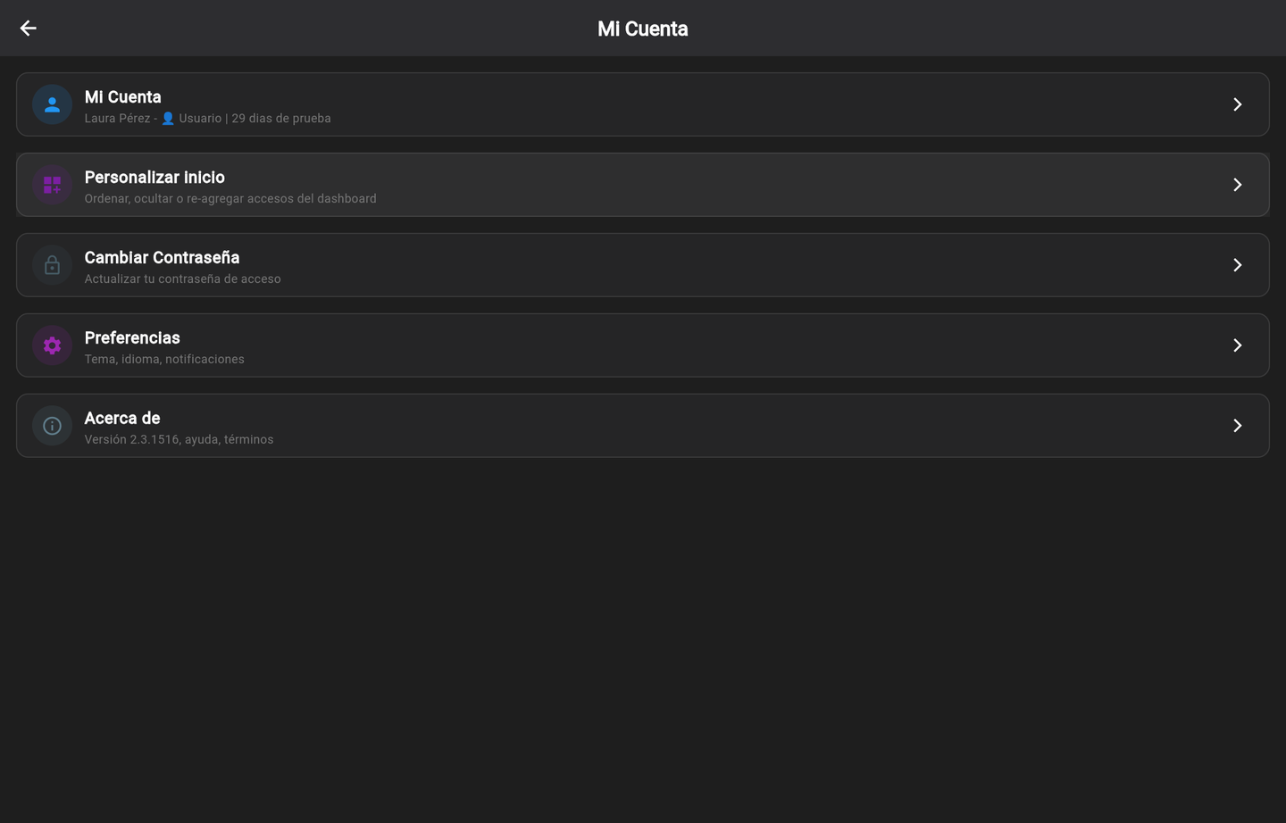 Mi Cuenta: plan, personalizar inicio, contraseña, preferencias