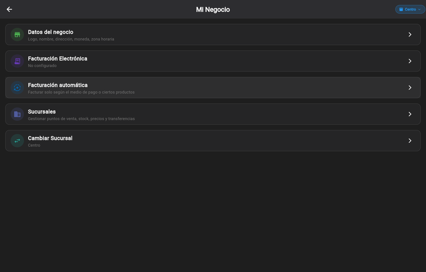 Mi Negocio → Sucursales