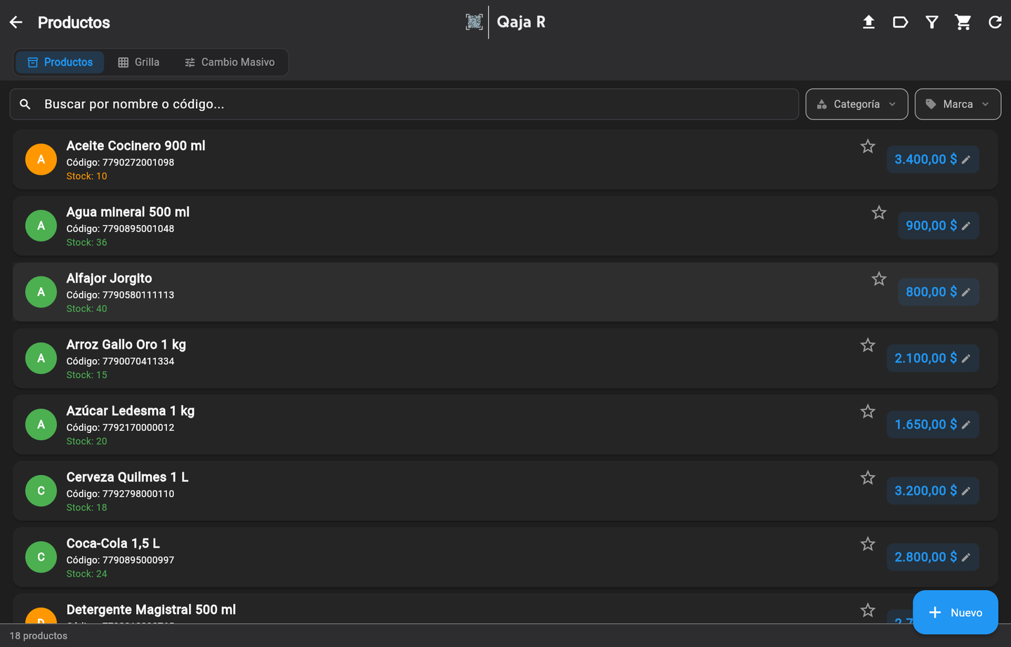 Lista de productos con buscador, filtros y precio editable