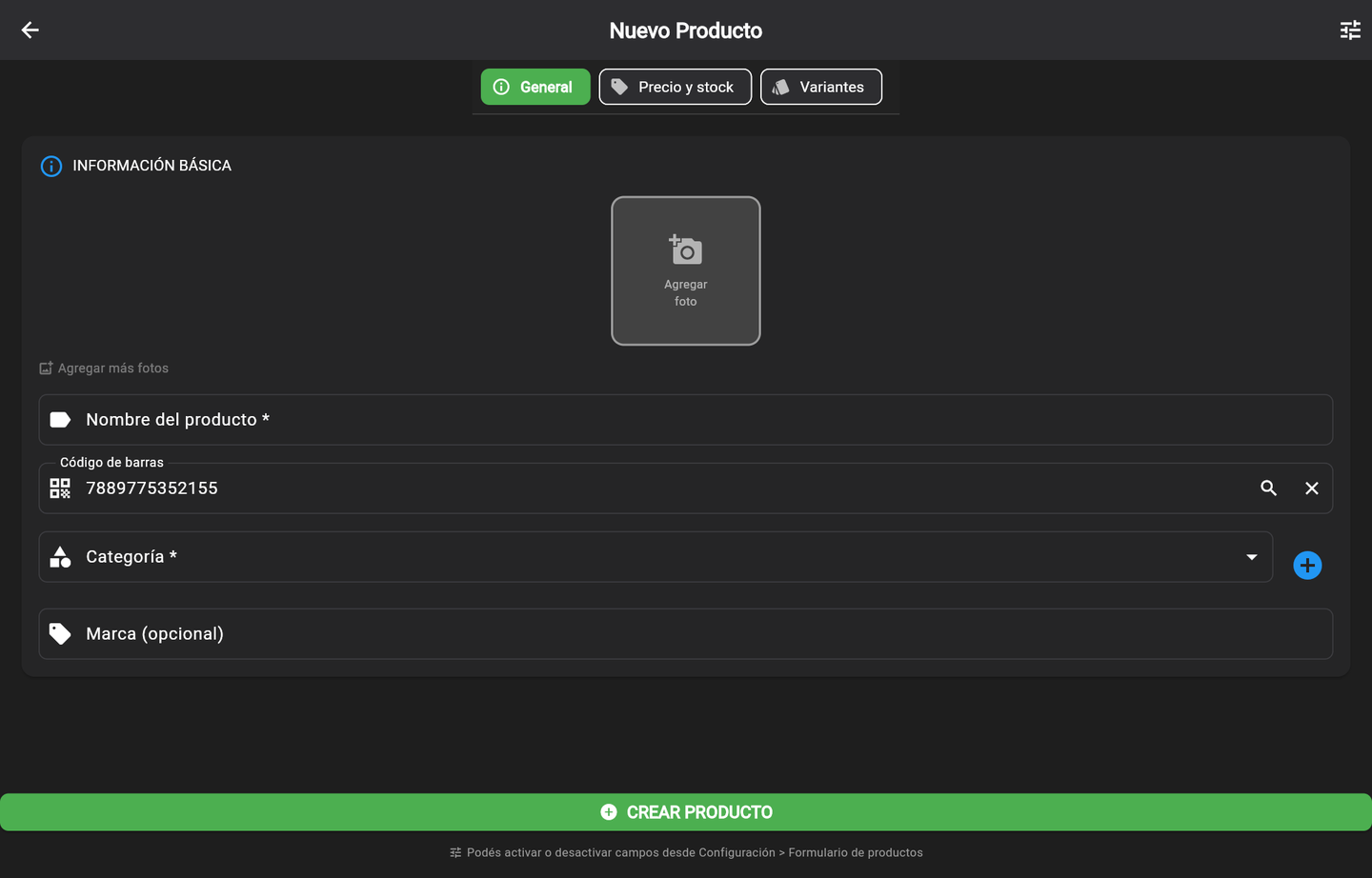 Nuevo producto, solapa General: foto, nombre, código de barras, categoría y marca