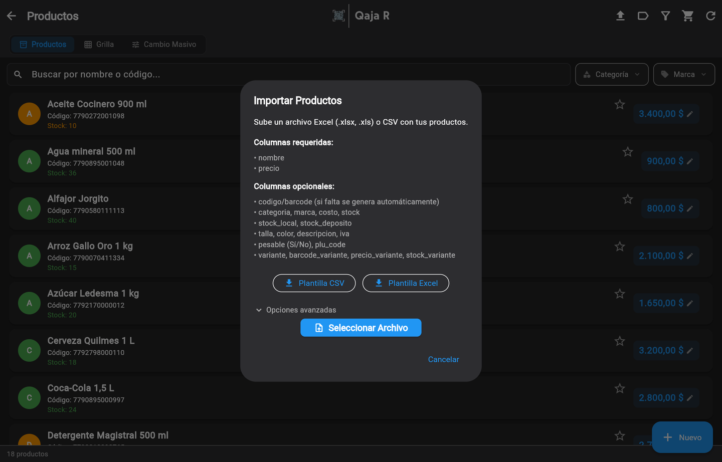 Importar productos: columnas requeridas, opcionales y plantillas para descargar