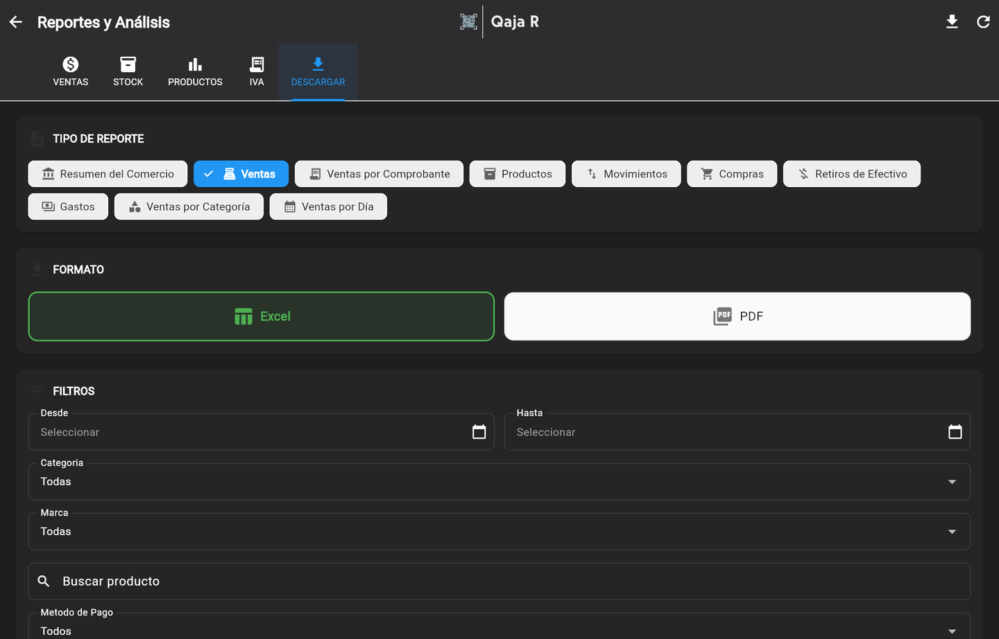 Descargar: tipo de reporte, formato Excel o PDF y filtros