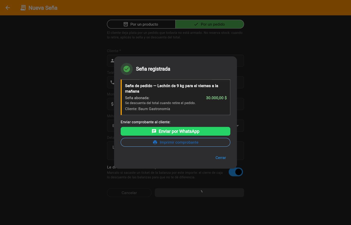 Seña registrada: comprobante por WhatsApp o impreso