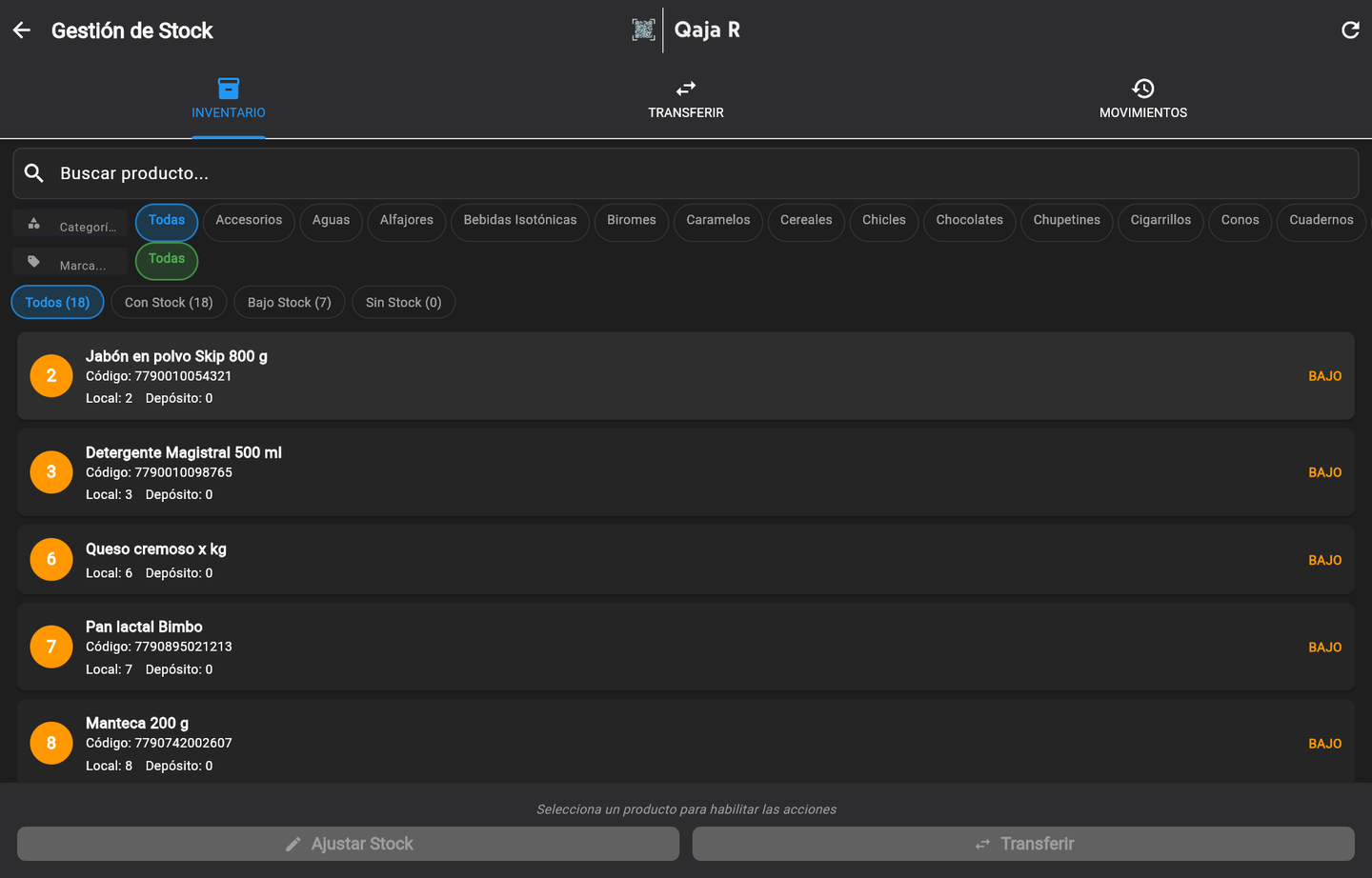 Gestión de stock: inventario con filtro de bajo stock