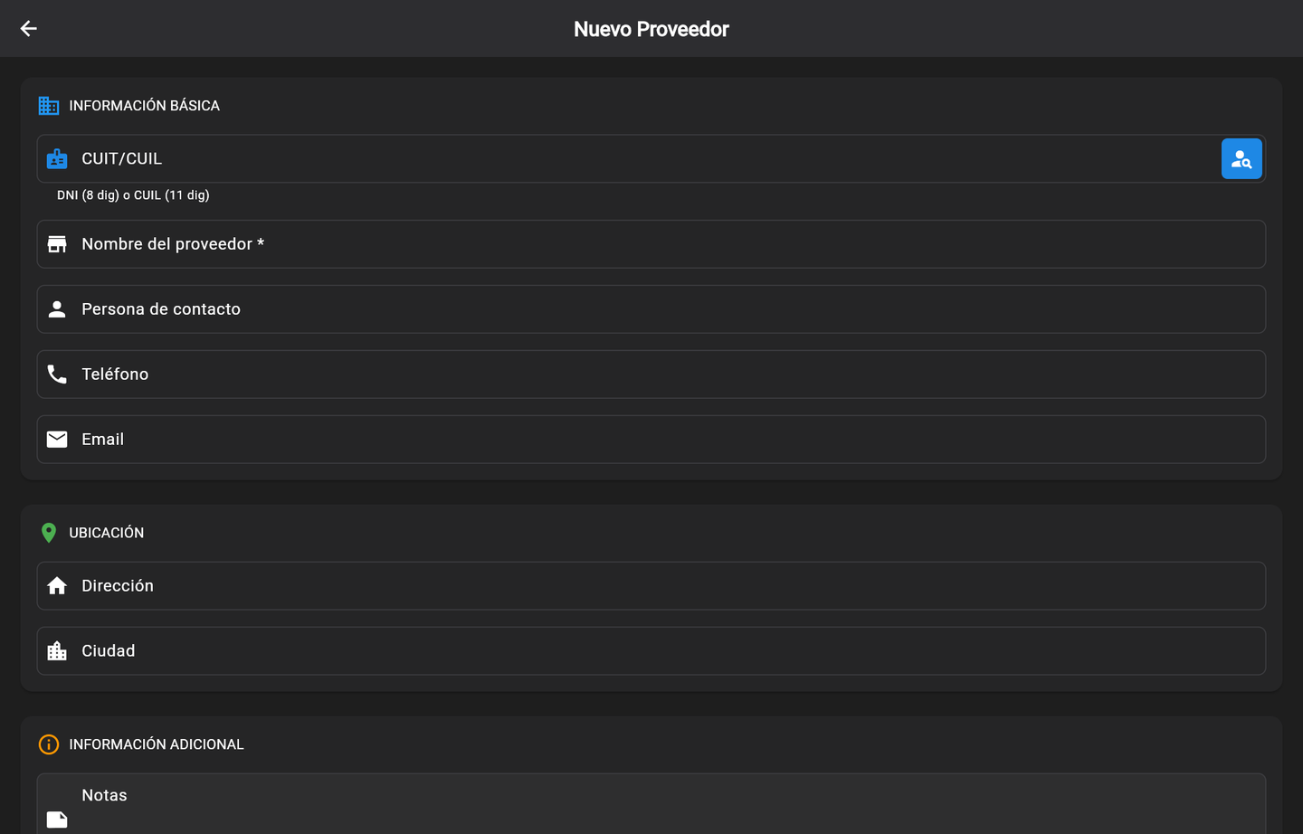 Nuevo proveedor: CUIT, nombre, contacto, ubicación