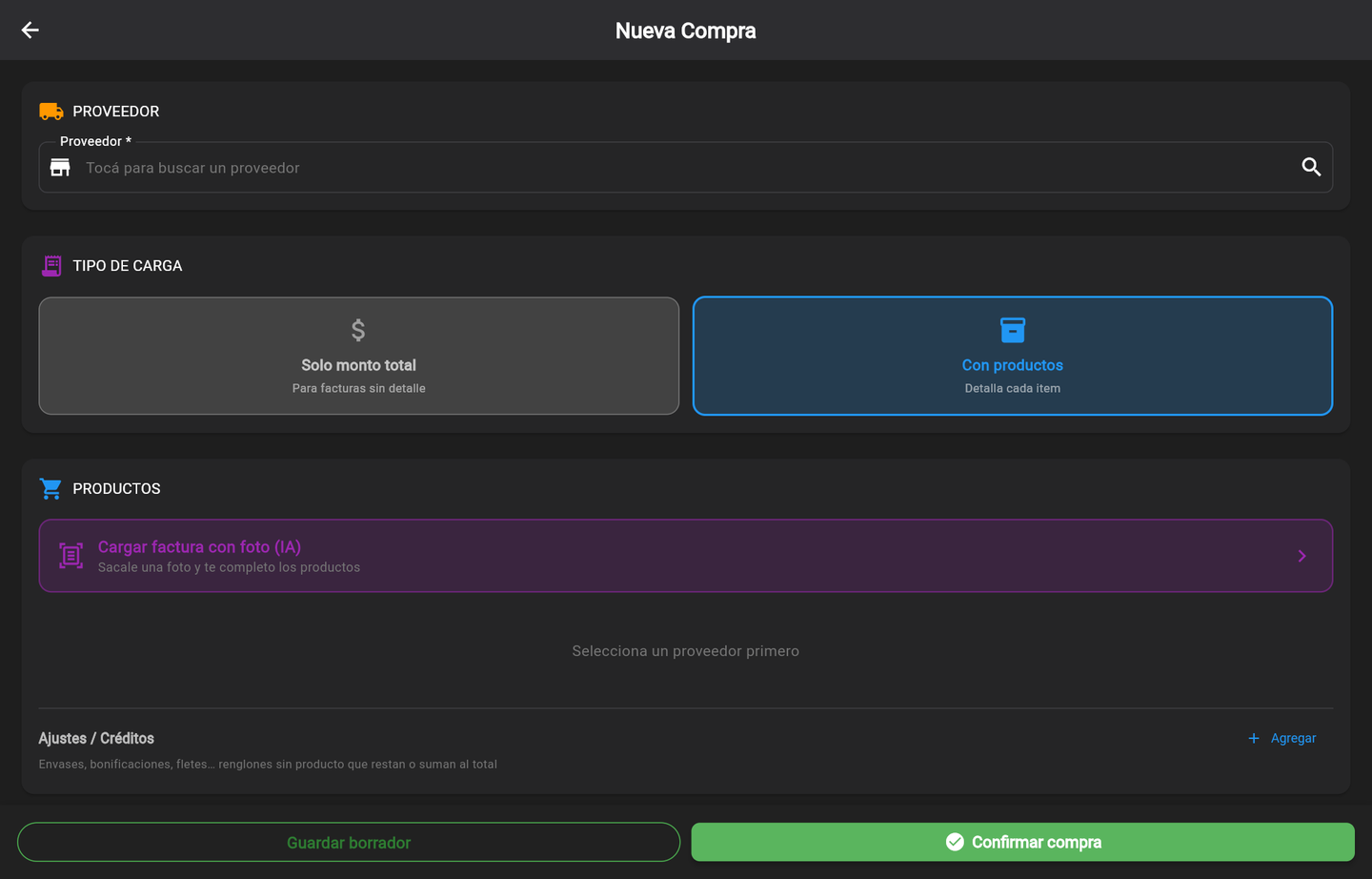 Nueva compra: proveedor, tipo de carga y productos