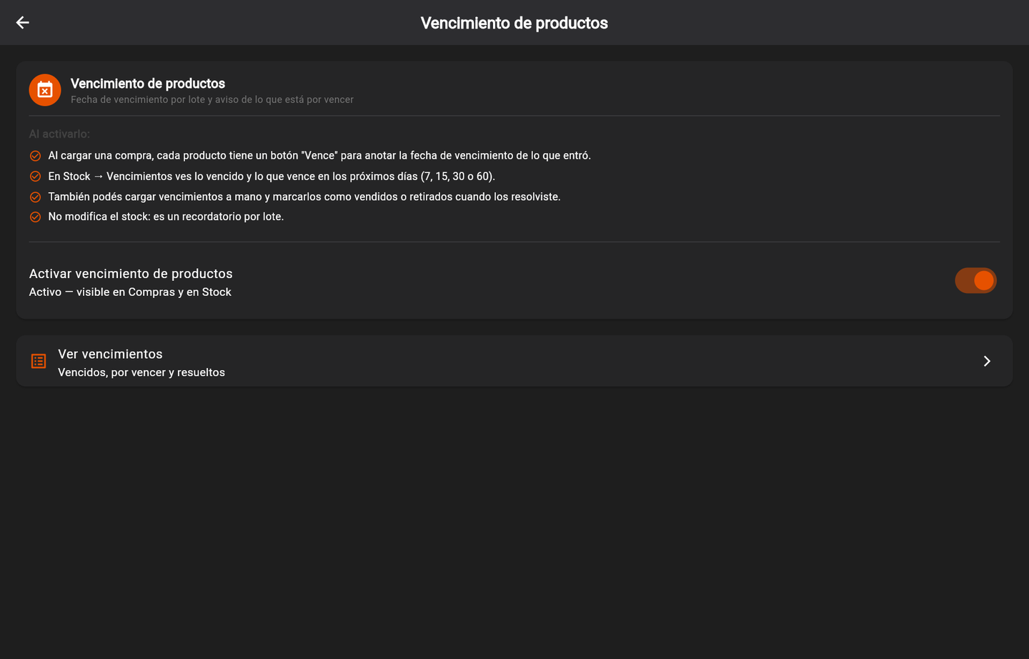 La opción activada, con el acceso a Ver vencimientos debajo
