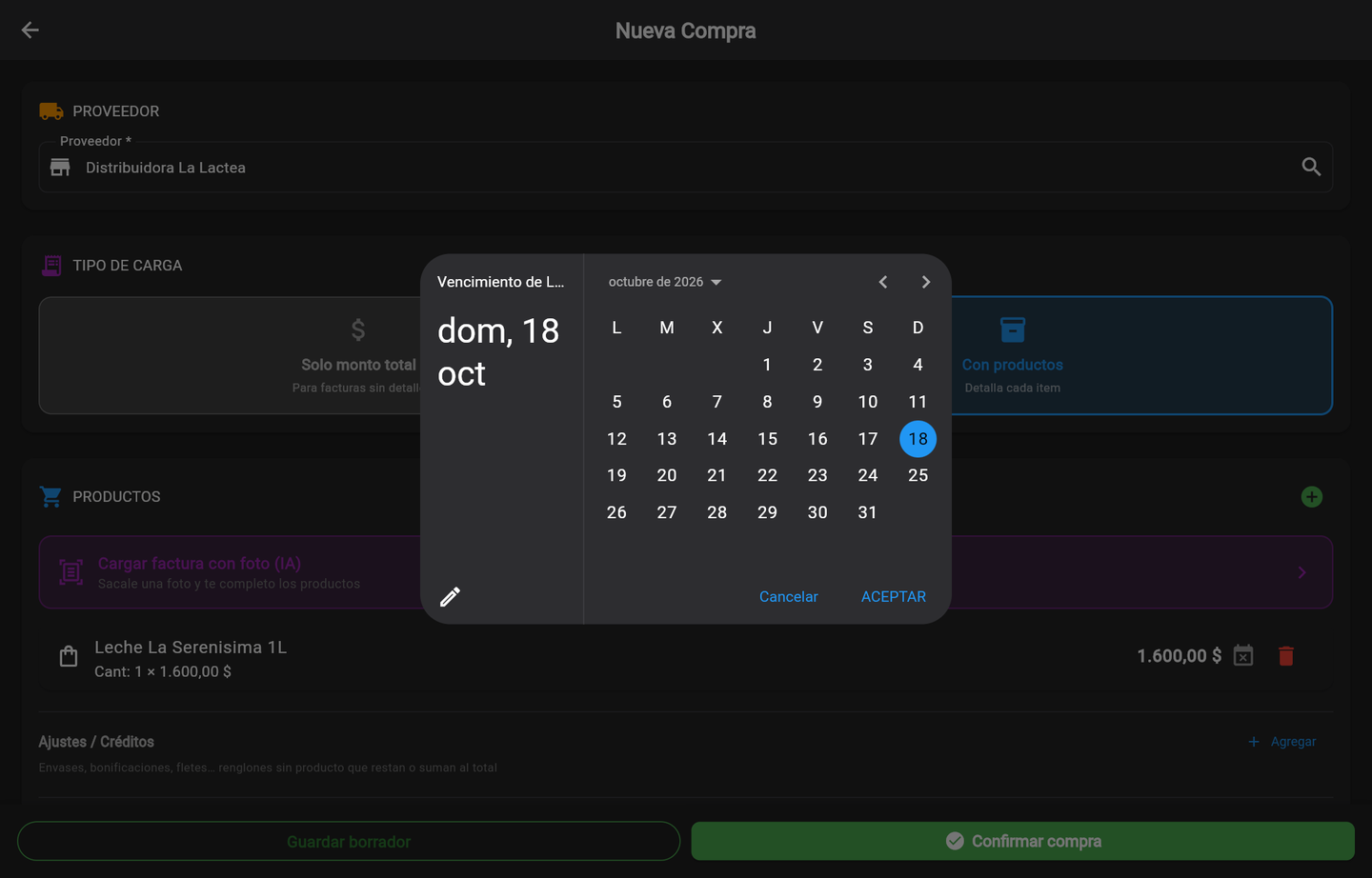 El calendario, con el nombre del producto arriba a la izquierda