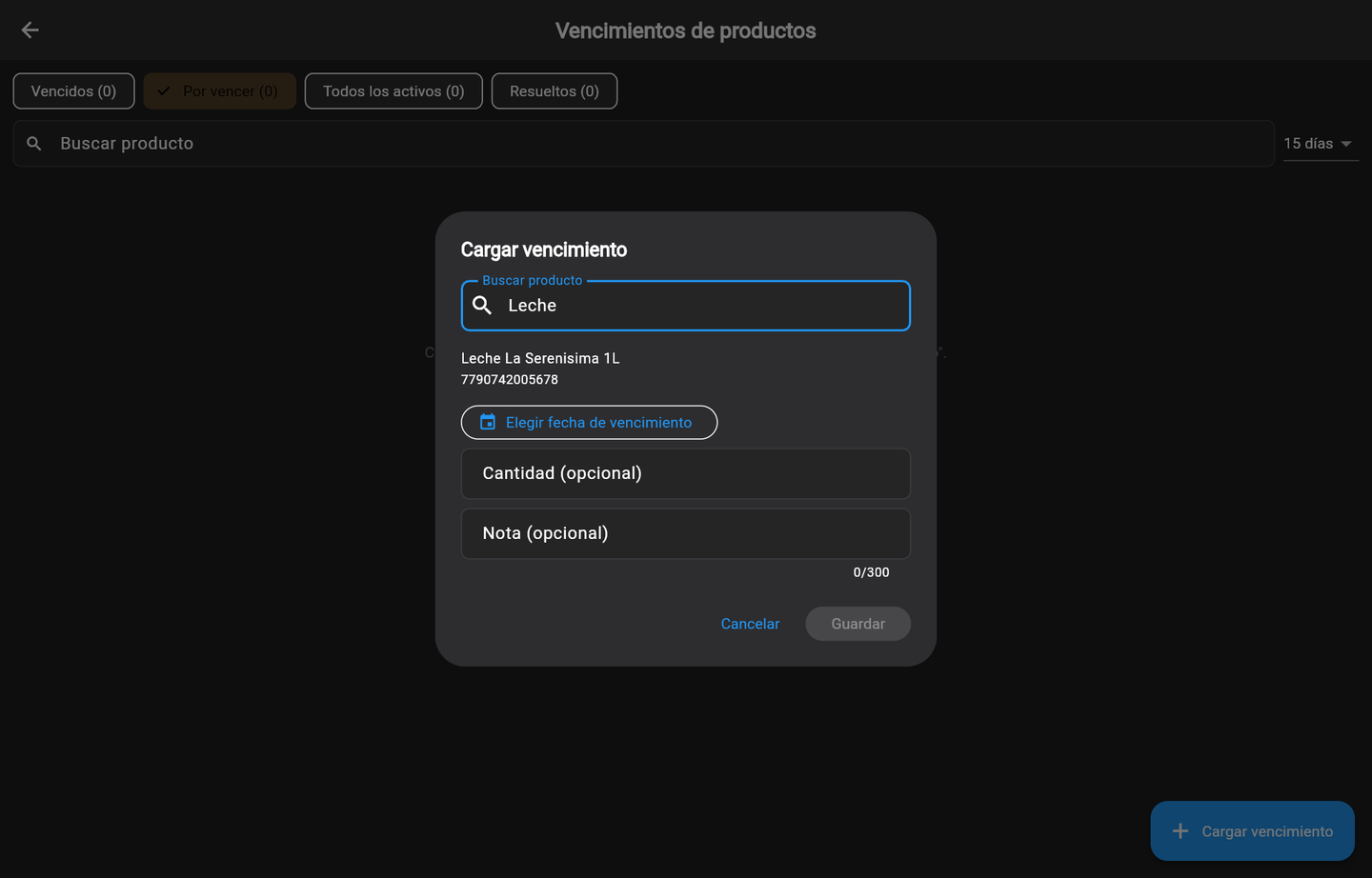 Cargar vencimiento: buscar el producto y elegirle la fecha